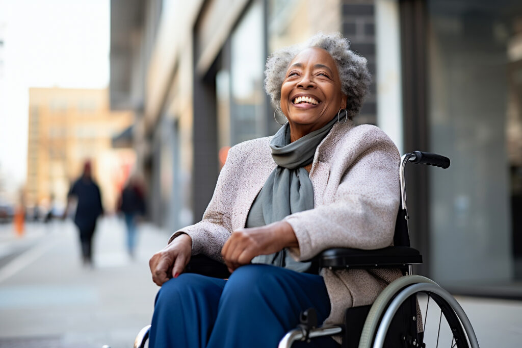 Smiling senior woman in a wheelchair on a city sidewalk